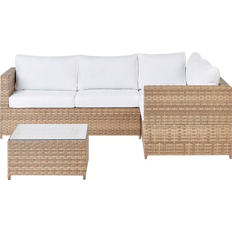 Conjunto de jardín de ratán sofá esquinero mesa de centro tablero de cristal madera clara cojines blanco crema Avola (1/5)