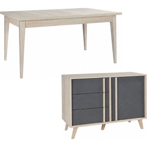 Salle à manger complète MALMO avec table extensible 6 places et buffet haut – Chêne clair et gris (1/5)