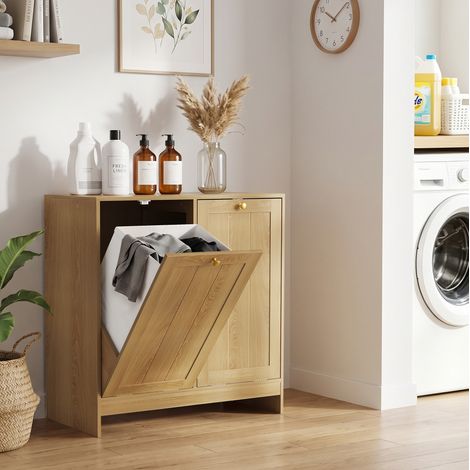 Meuble à linge basculant avec 2 paniers amovibles, rangement salle de bain, MDF aspect chêne (1/5)