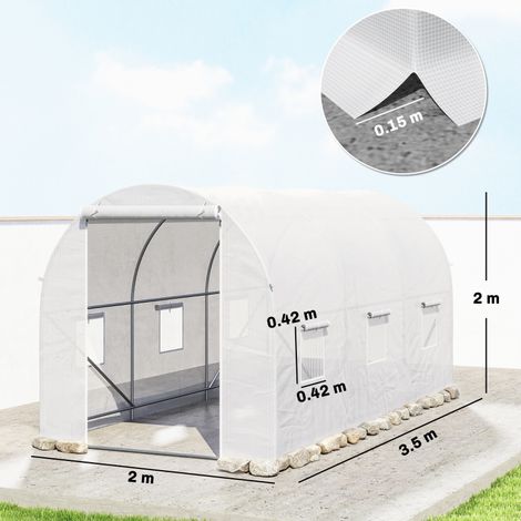 Serre tunnel de jardin de 3,5 x 2 x 2 m avec portes et fenêtres à enroulement, serre potagère avec 5 supports diagonaux, structure métallique et bâche en PE, pour légumes et fleurs, blanche (1/5)