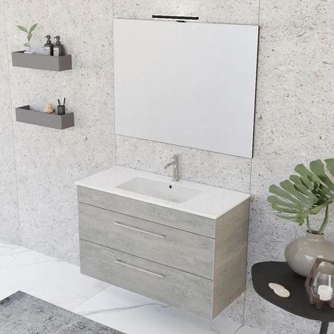 Mobile bagno sospeso 100 cm Smart grigio legno con lavabo e specchio (1/5)