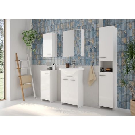 Meuble de salle de bain Marlena étroit sur pied 79 x 30 cm, blanc brillant (1/2)