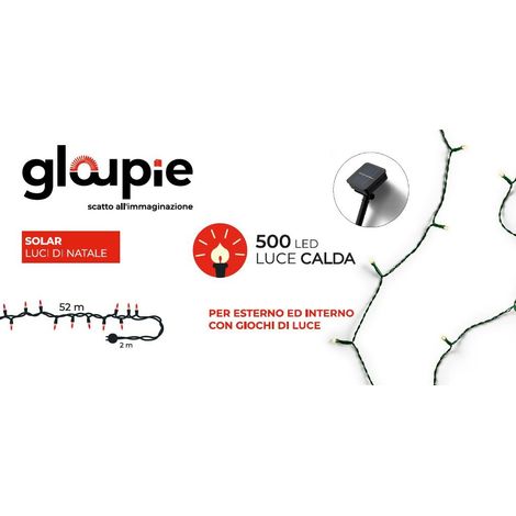 Gloupie Luci Di Natale Solar da 52 mt con 500 Led Bianco Caldo, Cavo Verde, Funzione Memoria e Timer (1/5)