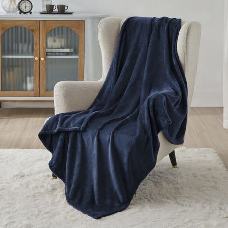 Plaid - - Couverture en flanelle unie - Bleu marine - 240x220cm (1/5)