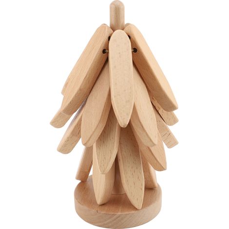 Set aus 4 stapelbaren Untersetzern aus Buche (Naturholzfarbe) mit Halterung für Tasse, Topfuntersetzer, Schüssel, Teekanne. (1/2)