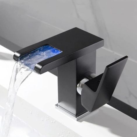 Robinet Cascade LED Lavabo Salle Bains Poignée Unique RVB Automatique Alimenté par Eau Noir (1/4)