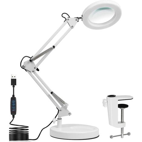 Lampe loupe LED – Lentille en verre de 11 cm – Lampe de bureau réglable avec pince et base – Intensité variable – Pour travaux de précision, soudure, réparation et loisirs