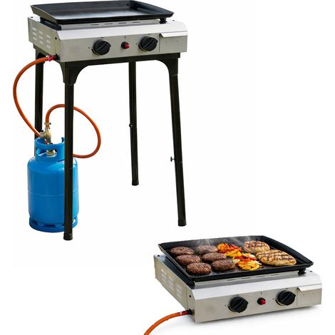 Barbecue a Gas 2 Bruciatori 2.4kW con Plancha Smaltata – Utilizzabile con Piedistallo o da Appoggio, Accensione Piezo, Piastra Rimovibile e Lavabile, Vassoio Raccogli Grasso, Portatile