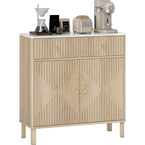Aparador, mueble de almacenamiento estriado con tapa efecto mármol, 2 cajones, 2 puertas, estante ajustable, 77x30x80cm, roble (1/5)