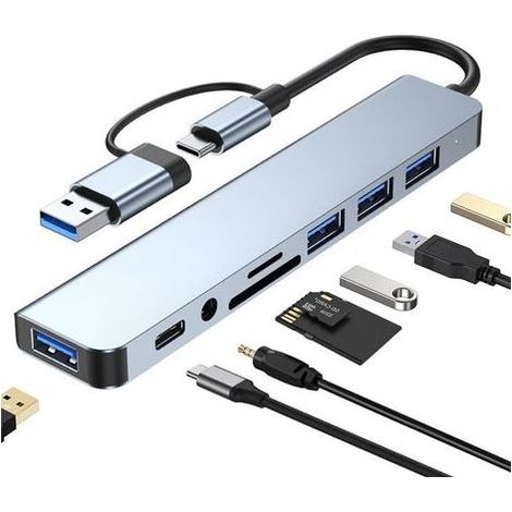 Hub USB-C/USB 3.0 haute vitesse 8 en 1, station d'extension 8 ports avec lecteur de cartes SD/TF, compatible avec MacBook/iPhone/iPad et consoles de jeux (1/5)
