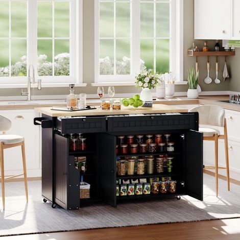 Ilot central de cuisine mobile - Plateau extensible - Avec roulettes verrouillables - 2 tiroirs et 3 portes - MDF - Noir