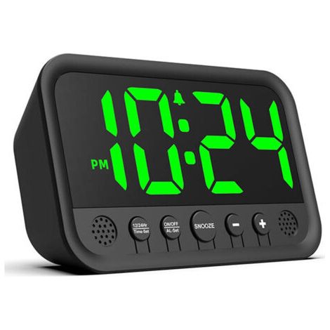 Despertador digital con pantalla LED verde para dormitorio, despertador alto para dormir profundamente, despertador con alimentación por red eléctrica con volumen ajustable, brillo y función de repeti (1/4)