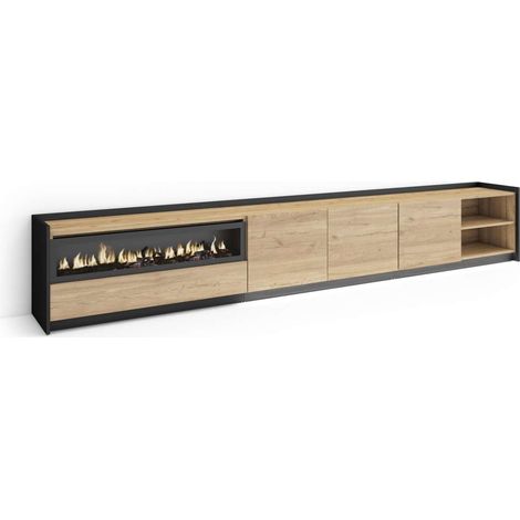 Mueble TV Casabermeja-02 de 310x50x37 cm con chimenea y luces LED, color roble y negro (1/4)