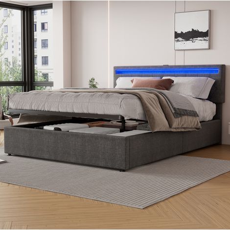 Letto imbottito 160x200 cm in lino grigio con LED, ricarica USB/USB-C e contenitore con sollevamento idraulico (1/5)