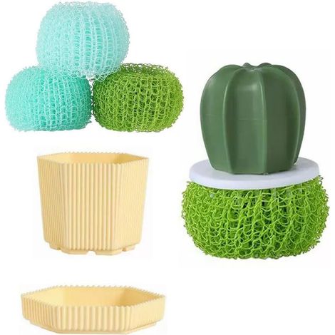 Brosse à vaisselle avec 3 têtes de rechange, manche ergonomique, support d'égouttage, brosse de nettoyage pour la vaisselle, les casseroles, les poêles et les plaques de cuisson. (1/5)