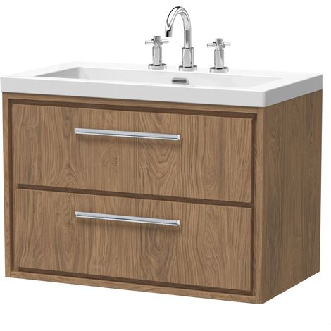 Longnor 2 Drawer Wall Hung Vanity Unit with 3 Tap Hole Modern Fireclay Basin, Antique Oak, 800mm