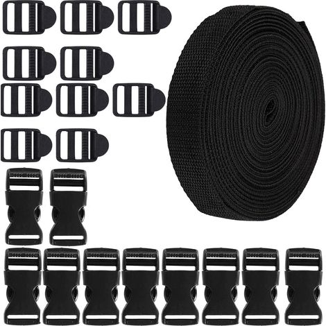 20 fibbie in plastica, fibbie a sgancio rapido, fibbie per cinghie + 5 m di cinghie in nylon nero da 20 mm, cinghie in polipropilene, per animali domestici, riparazioni di zaini, cinghie, tende - Nero