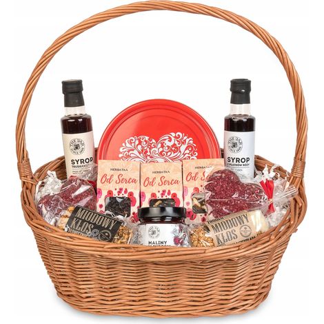 Gran cesta de regalo en forma de corazón con galletas, té, siropes y bombones. (1/5)