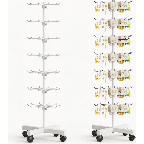 Présentoir Tournant 7 Étage à Hauteur Réglable,avec 70Crochets,150cm Hauteur,40cm Largeur,Espacement Réglable,Roues avec Freins 360°pour Bijoux,Écharpes,Chaussettes,Expositions et Maison (Blanc)