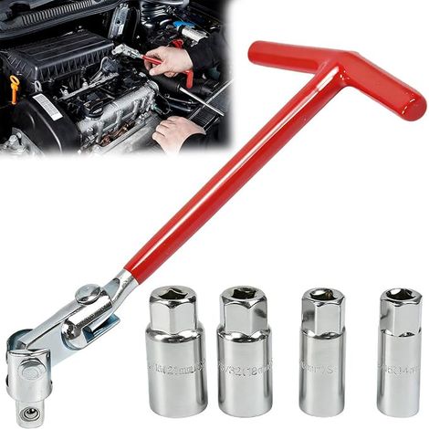 Spark Plug Socket Set of 5 Spark Plug Wrenches 14 mm 16 mm 18 mm 21 mm with 4 Sizes Universal T-Shaped Socket Carbon Steel Spark Plug Wrench for Cars and Motorcycles (1/5)
