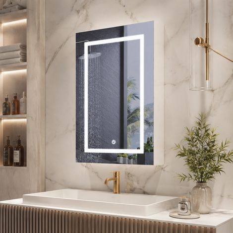 Armoire à Miroir Mural 70x50x12.5 cm avec Interrupteur Tactile,Salle de Bains Armoire avec 1 portes,Grand Meuble de Rangement,Anti - Buée Gradateur, blanc (1/5)