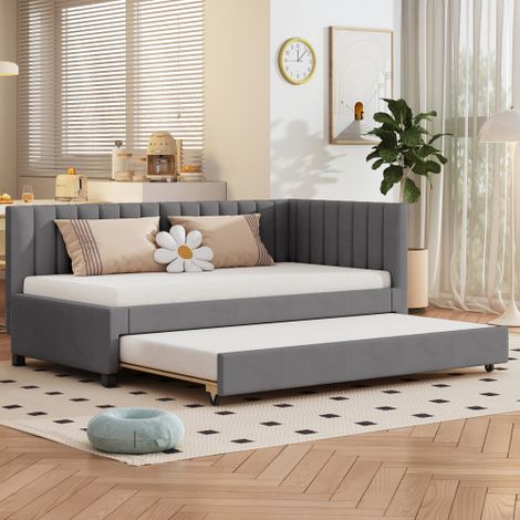 Letto imbottito 90200, divano letto estraibile, letto multifunzionale con rete a doghe, letti per ragazzi, letti per bambini, letti per ospiti, tessuto in velluto grigio (1/5)