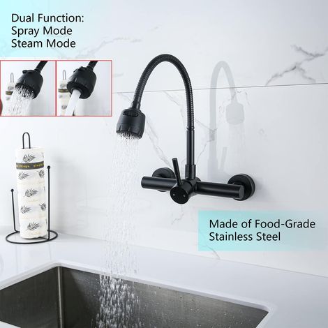 Rubinetto da cucina a parete in acciaio inox spazzolato, beccuccio girevole, 2 modalità: acqua calda e fredda - ALTRO (1/4)