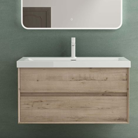 Mai & Mai Mobile Bagno Sospeso 100cm, Mobile da Bagno con 2 Cassetti Include Lavabo Bianco Rimo F161, Rovere chiaro (1/5)