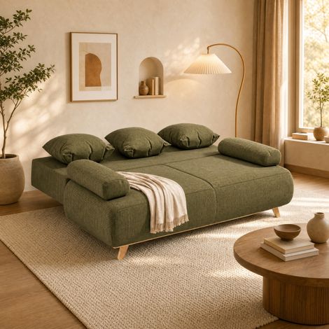 Sofá cama de 3 plazas con respaldo regulable, almacenamiento, pana verde oscuro DESVIAE (1/5)