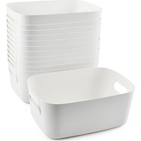 Lot de 12 Boîtes de Rangement en Plastique, Paniers et Boîtes de Rangement avec Poignées, Panier Plastique Rangement, Boite de Rangement pour Cuisine, Salle de Bain, Bureau, Armoire (Blanc) (1/4)