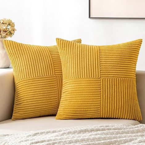 Set di 4 federe per cuscini 45 x 45 cm velluto a coste stile bohémien aspetto estetico adatto per divano camera da letto soggiorno - giallo brillante (1/5)