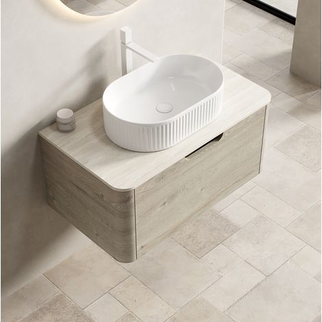 Hängender Badschrank 80 cm mit weißem ovalem Waschbecken HAVRYA (1/5)