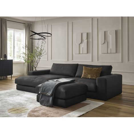 BOBOCHIC - Canapé d'angle fixe LEONARD cuir de vache avec pouf Angle gauche Noir (1/5)