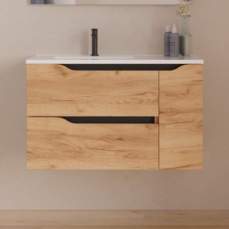 Meuble sous vasque seul, 2 tiroirs et 1 porte, 80cm, pour vasque déportée gauche - roble (bois clair) - ZARZA