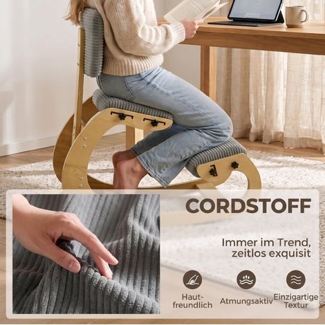 Chaise à genoux ergonomique avec dossier, coussin genoux 48 cm et dossier 34 cm, tissu gris foncé, cadre en bois clair, fonction balancelle pour bureau et méditation – CHICFURN (1/5)