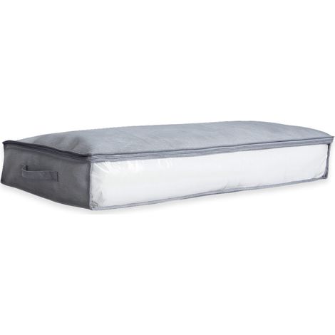 Contenitori per coperte e piumoni sottoletto in TNT grigio - Misura 100x45x15 cm - Organizer per armadio salvaspazio con cerniera e finestra (1/5)
