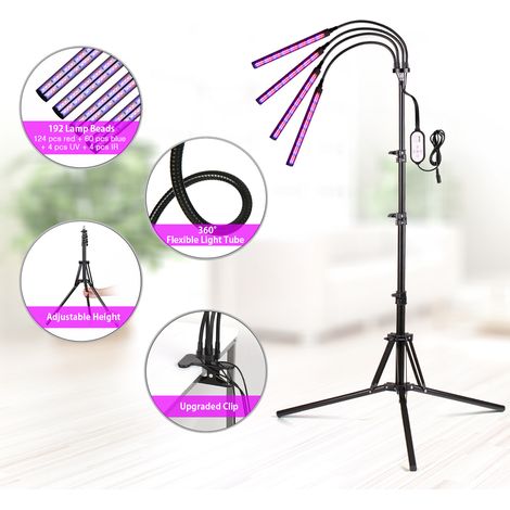 Lampe de culture LED DECDEAL à 4 têtes avec trépied, 192 LED, lampe de culture sur pied avec clip amélioré, double contrôleur, 10 niveaux de luminosité, LED UV et IR, minuterie 4/8/12 h, 3 modes pour
