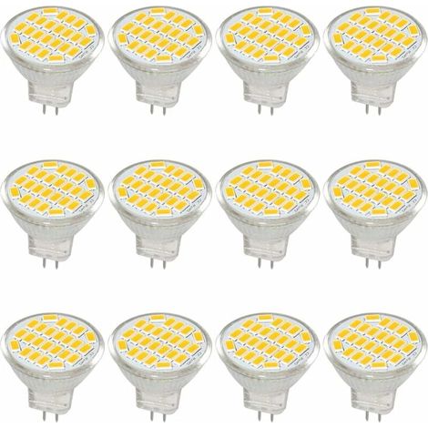 Lot de 12 ampoules LED MR11 GU4 3W 400 lumens, blanc chaud 3000K, compatibles avec les ampoules halogènes 12V/24V/30V pour éclairage intérieur/extérieur