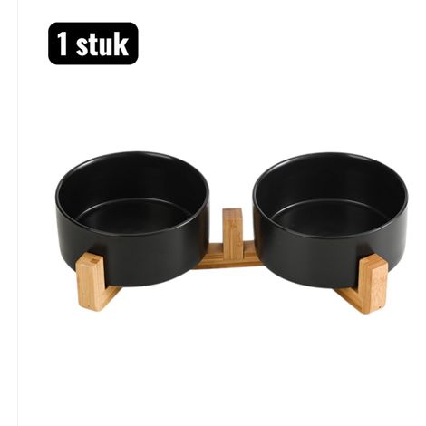 1 pièce bols à nourriture bol à boire en céramique pour chats et chiens double bol avec bord anti éclaboussure cadre en bois couleur noire (1/5)
