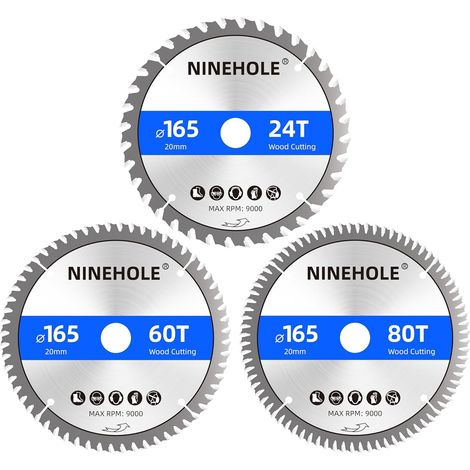 3 Lames de scie circulaire 165 x 20 mm (anneau 16 mm), 24/60/80 dents Coupes propres, Disque à Tronçonner pour Bois, Sèche, Stratifié, Cloison, Contreplaqué, Plastique (1/5)