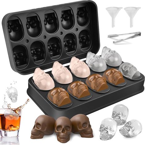 3D Glaçons Crâne en Silicone, 18.4×10.9×4.3cm Moule Tete mort Noir Bac Glacon Moule Silicone Crane Pour Whisky,Cocktails,liqueurs Avec Pince à Glace et Petit Entonnoir (1/5)