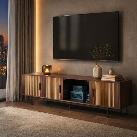 MEUBLIV TV-Lowboard 200 cm walnussbraun/schwarz – LED, Hartglastür und Stauraum (1/5)