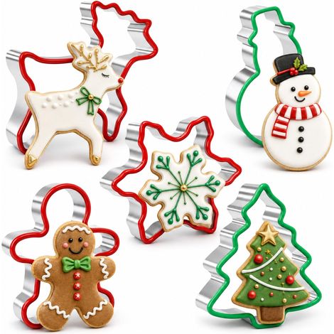 Emporte-pièces Noël, 5 pièces inox avec bord silicone, Bonhomme pain d'épice, flocon, sapin, bonhomme de neige et renne pour pâte (1/4)