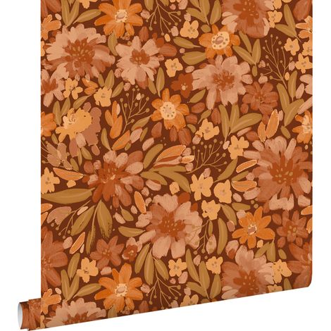 papier peint fleurs terracotta, marron et vert - ESTAhome