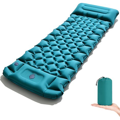 (Bleu Paon) Matelas de camping gonflable épais, résistant à l'humidité, pompe à pied intégrée, oreiller inclus. (1/5)