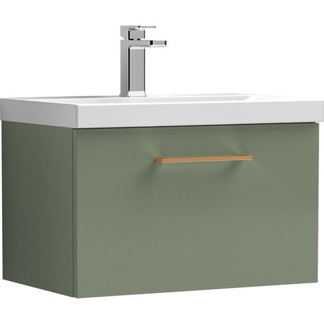 Balterley 600mm Wall Hung Bathroom 1 Drawer Vanity Unit and 1 Tap Hole Ceramic Basin, Satin Green with Copper Handle (1/5)
