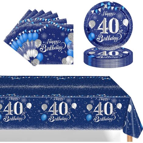37 Pièces Assiette Vaisselle Jetable Anniversaire Kit,Bleu Argent Decoration Anniversaire Vaisselle 40 Ans Garçon Fille,Nappe Papier Assiette Serviette pour Decoration Anniversaire 40 Ans Cadeau (1/5)