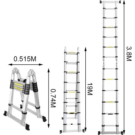 Randaco Teleskopleiter Silber  Aluminium Klappbar Multifunktionsleiter Anlegeleiter  1.9M+1.9M Mehrzweckleiter Fingerklemmschutz Auszeihleiter Klappbar Aluminiumleiter Antirutsch bis 150 KG