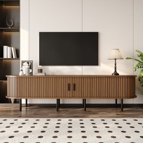 Meuble TV elliptique 170x40x46cm - Design rainuré avec portes coulissantes et niches - MDF et Pieds métal Noir - Noyer (1/5)