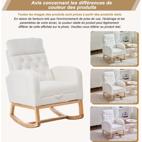 Fauteuil à bascule blanc en bouclé avec repose-pieds réglable et poches latérales pour chambre, salon et espace bébé (1/5)